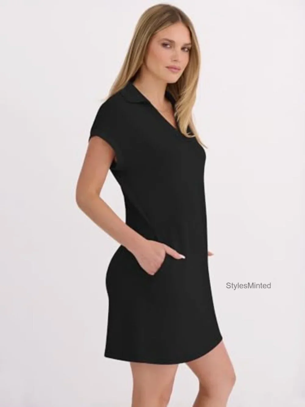Women's Casual V-Neck Cap Sleeve Mini Dress with Pockets
